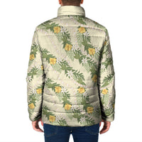 Hawaiian Pikake Maile Lei Padded Jacket Tiare Hibiscus Kalo Palapalai Leaf Beige
