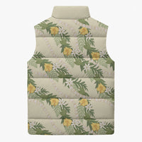 Hawaiian Pikake Maile Lei Sleeveless Puffer Jacket Tiare Hibiscus Kalo Palapalai Leaf Beige