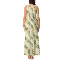 Hawaiian Pikake Maile Lei Tank Maxi Dress Tiare Hibiscus Kalo Palapalai Leaf Beige LT19 - Polynesian Pride