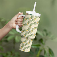 Hawaiian Pikake Maile Lei Tumbler With Handle Tiare Hibiscus Kalo Palapalai Leaf Beige LT19 - Polynesian Pride