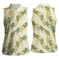 Hawaiian Pikake Maile Lei Women Sleeveless Polo Shirt Tiare Hibiscus Kalo Palapalai Leaf Beige LT19 - Polynesian Pride
