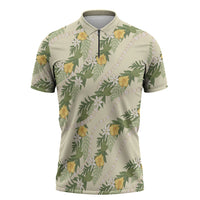 Hawaiian Pikake Maile Lei Zipper Polo Shirt Tiare Hibiscus Kalo Palapalai Leaf Beige LT19 Beige - Polynesian Pride