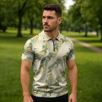 Hawaiian Pikake Maile Lei Zipper Polo Shirt Tiare Hibiscus Kalo Palapalai Leaf Beige LT19 - Polynesian Pride
