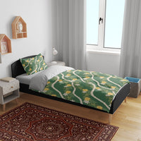 Hawaiian Pikake Maile Lei Bedding Set Tiare Hibiscus Kalo Palapalai Leaf Green