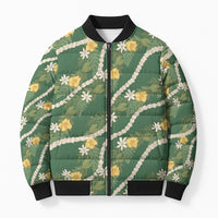 Hawaiian Pikake Maile Lei Bomber Puffer Jacket Tiare Hibiscus Kalo Palapalai Leaf Green