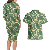 Hawaiian Pikake Maile Lei Couples Matching Long Sleeve Bodycon Dress and Hawaiian Shirt Tiare Hibiscus Kalo Palapalai Leaf Green LT19 - Polynesian Pride