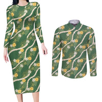 Hawaiian Pikake Maile Lei Couples Matching Long Sleeve Bodycon Dress and Long Sleeve Button Shirt Tiare Hibiscus Kalo Palapalai Leaf Green LT19 Green - Polynesian Pride