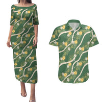 Hawaiian Pikake Maile Lei Couples Matching Puletasi and Hawaiian Shirt Tiare Hibiscus Kalo Palapalai Leaf Green LT19 Green - Polynesian Pride