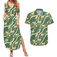 Hawaiian Pikake Maile Lei Couples Matching Summer Maxi Dress and Hawaiian Shirt Tiare Hibiscus Kalo Palapalai Leaf Green LT19 Green - Polynesian Pride