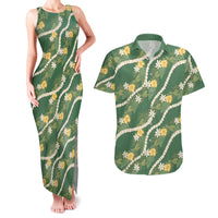 Hawaiian Pikake Maile Lei Couples Matching Tank Maxi Dress and Hawaiian Shirt Tiare Hibiscus Kalo Palapalai Leaf Green LT19 Green - Polynesian Pride