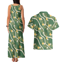 Hawaiian Pikake Maile Lei Couples Matching Tank Maxi Dress and Hawaiian Shirt Tiare Hibiscus Kalo Palapalai Leaf Green LT19 - Polynesian Pride