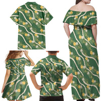 Hawaiian Pikake Maile Lei Family Matching Off Shoulder Maxi Dress and Hawaiian Shirt Tiare Hibiscus Kalo Palapalai Leaf Green LT19 - Polynesian Pride