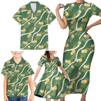 Hawaiian Pikake Maile Lei Family Matching Short Sleeve Bodycon Dress and Hawaiian Shirt Tiare Hibiscus Kalo Palapalai Leaf Green LT19 - Polynesian Pride