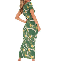 Hawaiian Pikake Maile Lei Family Matching Short Sleeve Bodycon Dress and Hawaiian Shirt Tiare Hibiscus Kalo Palapalai Leaf Green LT19 - Polynesian Pride
