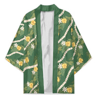 Hawaiian Pikake Maile Lei Kimono Tiare Hibiscus Kalo Palapalai Leaf Green