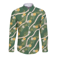 Hawaiian Pikake Maile Lei Long Sleeve Button Shirt Tiare Hibiscus Kalo Palapalai Leaf Green LT19 Unisex Green - Polynesian Pride
