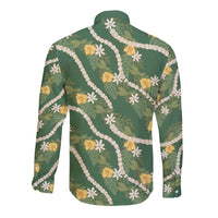 Hawaiian Pikake Maile Lei Long Sleeve Button Shirt Tiare Hibiscus Kalo Palapalai Leaf Green LT19 - Polynesian Pride