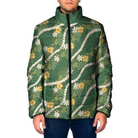 Hawaiian Pikake Maile Lei Padded Jacket Tiare Hibiscus Kalo Palapalai Leaf Green