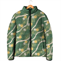 Hawaiian Pikake Maile Lei Padded Jacket Tiare Hibiscus Kalo Palapalai Leaf Green