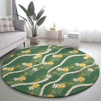 Hawaiian Pikake Maile Lei Round Carpet Tiare Hibiscus Kalo Palapalai Leaf Green