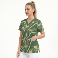 Hawaiian Pikake Maile Lei Scrub Top Tiare Hibiscus Kalo Palapalai Leaf Green