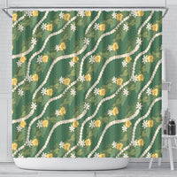 Hawaiian Pikake Maile Lei Shower Curtain Tiare Hibiscus Kalo Palapalai Leaf Green LT19 - Polynesian Pride