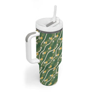 Hawaiian Pikake Maile Lei Tumbler With Handle Tiare Hibiscus Kalo Palapalai Leaf Green LT19 - Polynesian Pride