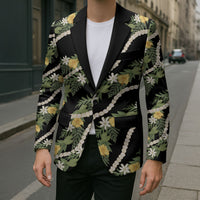 Hawaiian Pikake Maile Lei Blazer Tiare Hibiscus Kalo Palapalai Leaf Black
