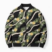 Hawaiian Pikake Maile Lei Bomber Puffer Jacket Tiare Hibiscus Kalo Palapalai Leaf Black