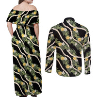 Hawaiian Pikake Maile Lei Couples Matching Off Shoulder Maxi Dress and Long Sleeve Button Shirt Tiare Hibiscus Kalo Palapalai Leaf Black LT19 - Polynesian Pride
