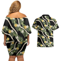 Hawaiian Pikake Maile Lei Couples Matching Off Shoulder Short Dress and Hawaiian Shirt Tiare Hibiscus Kalo Palapalai Leaf Black LT19 - Polynesian Pride