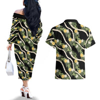 Hawaiian Pikake Maile Lei Couples Matching Off The Shoulder Long Sleeve Dress and Hawaiian Shirt Tiare Hibiscus Kalo Palapalai Leaf Black LT19 - Polynesian Pride