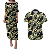 Hawaiian Pikake Maile Lei Couples Matching Puletasi and Hawaiian Shirt Tiare Hibiscus Kalo Palapalai Leaf Black LT19 Black - Polynesian Pride