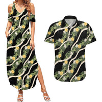 Hawaiian Pikake Maile Lei Couples Matching Summer Maxi Dress and Hawaiian Shirt Tiare Hibiscus Kalo Palapalai Leaf Black LT19 Black - Polynesian Pride