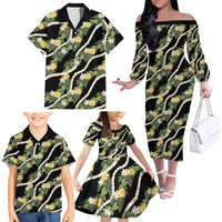 Hawaiian Pikake Maile Lei Family Matching Off The Shoulder Long Sleeve Dress and Hawaiian Shirt Tiare Hibiscus Kalo Palapalai Leaf Black LT19 - Polynesian Pride