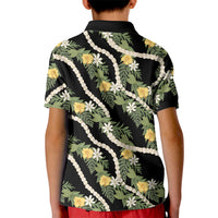 Hawaiian Pikake Maile Lei Kid Polo Shirt Tiare Hibiscus Kalo Palapalai Leaf Black LT19 - Polynesian Pride