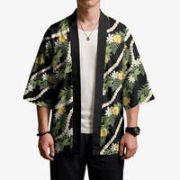 Hawaiian Pikake Maile Lei Kimono Tiare Hibiscus Kalo Palapalai Leaf Black