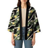 Hawaiian Pikake Maile Lei Kimono Tiare Hibiscus Kalo Palapalai Leaf Black