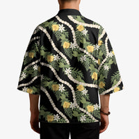 Hawaiian Pikake Maile Lei Kimono Tiare Hibiscus Kalo Palapalai Leaf Black