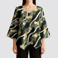 Hawaiian Pikake Maile Lei Kimono Sleeve Blouse Tiare Hibiscus Kalo Palapalai Leaf Black LT19 - Polynesian Pride