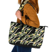 Hawaiian Pikake Maile Lei Leather Tote Bag Tiare Hibiscus Kalo Palapalai Leaf Black LT19 Black - Polynesian Pride