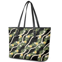 Hawaiian Pikake Maile Lei Leather Tote Bag Tiare Hibiscus Kalo Palapalai Leaf Black LT19 - Polynesian Pride