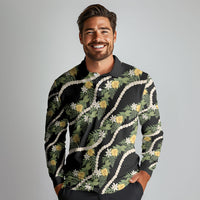 Hawaiian Pikake Maile Lei Long Sleeve Polo Shirt Tiare Hibiscus Kalo Palapalai Leaf Black LT19 - Polynesian Pride