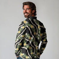 Hawaiian Pikake Maile Lei Long Sleeve Polo Shirt Tiare Hibiscus Kalo Palapalai Leaf Black LT19 - Polynesian Pride
