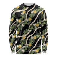 Hawaiian Pikake Maile Lei Long Sleeve Shirt Tiare Hibiscus Kalo Palapalai Leaf Black LT19 Unisex Black - Polynesian Pride
