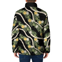Hawaiian Pikake Maile Lei Padded Jacket Tiare Hibiscus Kalo Palapalai Leaf Black LT19 - Polynesian Pride