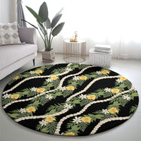 Hawaiian Pikake Maile Lei Round Carpet Tiare Hibiscus Kalo Palapalai Leaf Black