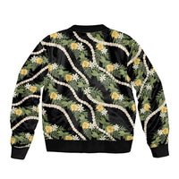 Hawaiian Pikake Maile Lei Sleeve Zip Bomber Jacket Tiare Hibiscus Kalo Palapalai Leaf Black