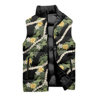 Hawaiian Pikake Maile Lei Sleeveless Puffer Jacket Tiare Hibiscus Kalo Palapalai Leaf Black