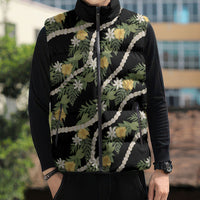 Hawaiian Pikake Maile Lei Sleeveless Puffer Jacket Tiare Hibiscus Kalo Palapalai Leaf Black